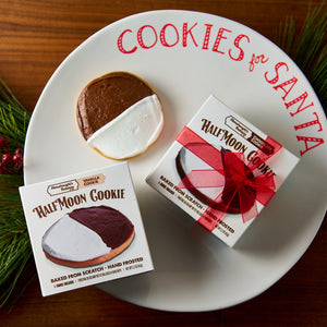 Halfmoon Buttercream Frosting Cookie on a plate that says cookies for Santa